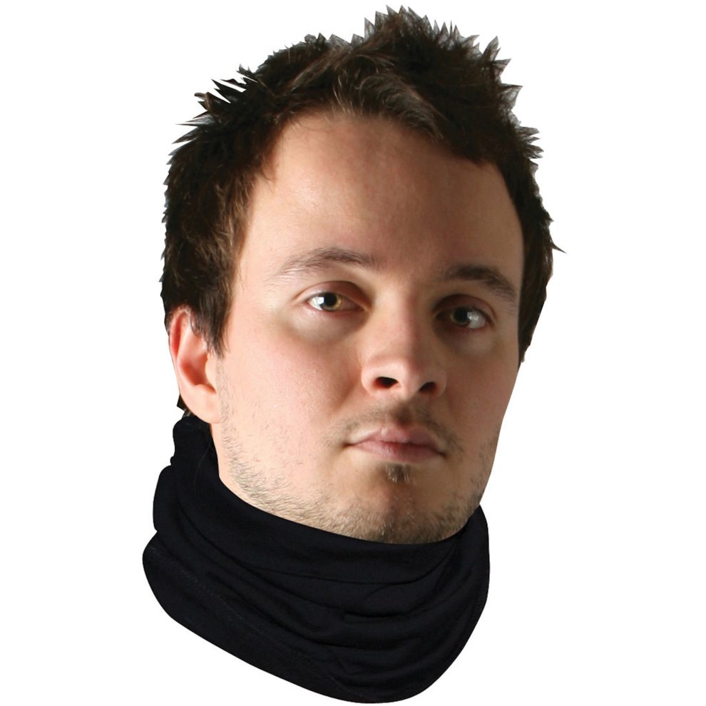 Black thermal neck tube made of stretchy material, designed for wind protection, suitable for unisex use, ideal for motorcycle riders.