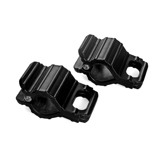 Black Bike It Tiedown Clamps, made of durable material, featuring a ribbed design and a secure fastening mechanism, sold as a pair for reliable bike securing.