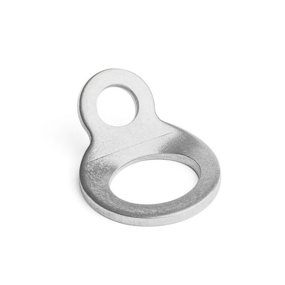 Two silver metal tiedown strap anchor rings with a circular opening and a rounded top for secure attachment, designed for bike or cargo use.