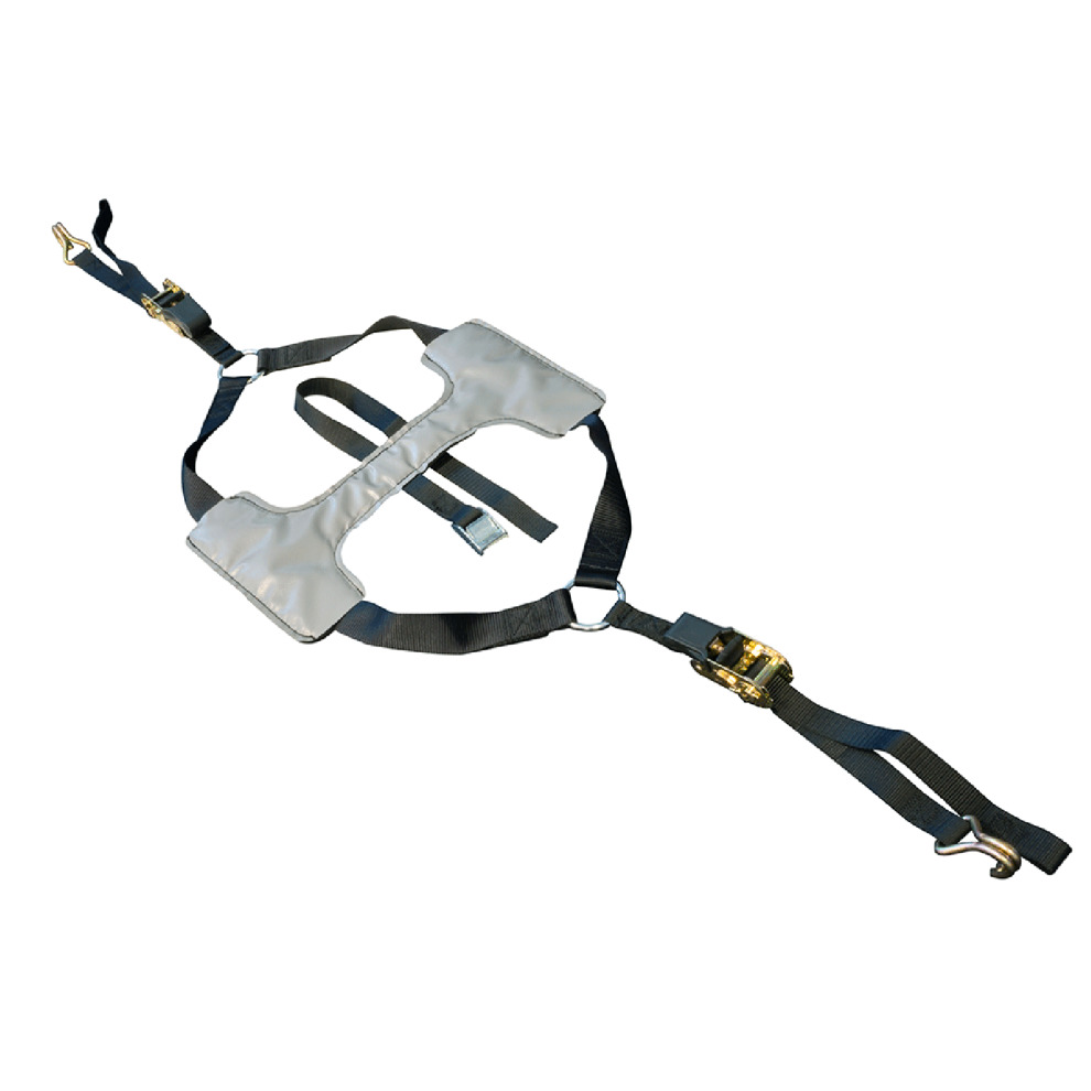 Black and grey ratchet tie-down strap with padded support, featuring metal hooks and adjustable lengths for securing motorcycles during transport.