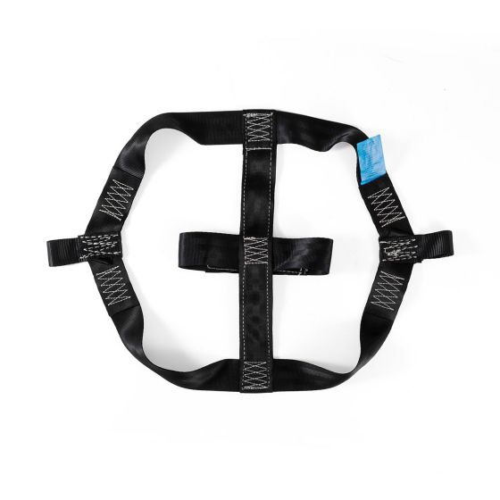 Black tiedown wheel brace made of durable fabric, featuring reinforced stitching and adjustable straps for secure bike transport.