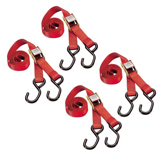 Four red autolock tiedowns with durable straps and black metal hooks, designed for securing items during transport.