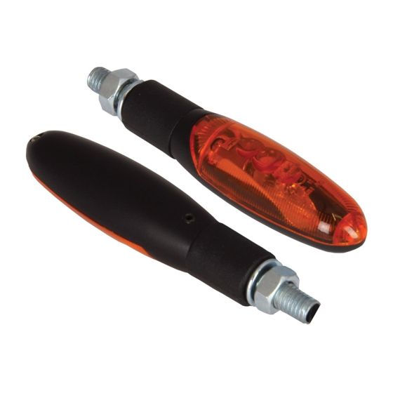 Bike It Torch Indicators feature a sleek black body with an amber lens, designed for durability and visibility, ideal for enhancing bike safety.