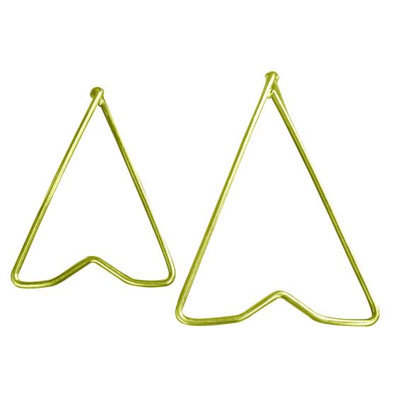 Two triangular stands made of bright yellow metal, designed to hold bike axles securely, featuring a minimalist design with smooth edges.