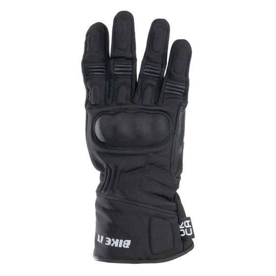 Black motorcycle gloves featuring a padded knuckle area, reinforced palm, and adjustable wrist closure, designed for all-season use.