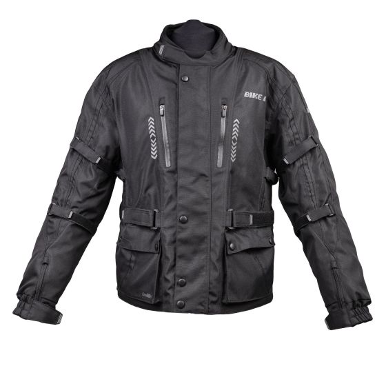 Black waterproof motorcycle jacket featuring multiple pockets, adjustable straps, and reflective detailing for visibility, designed for adventure riding.