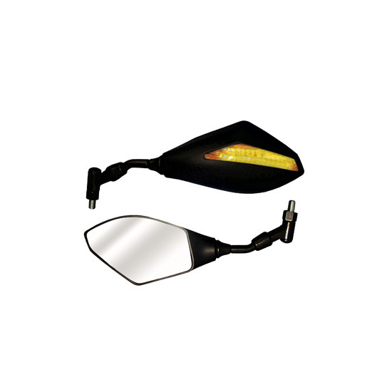 Black bar-mounted motorcycle mirrors with built-in LED indicators, featuring a sleek, angular design and reflective glass surfaces.