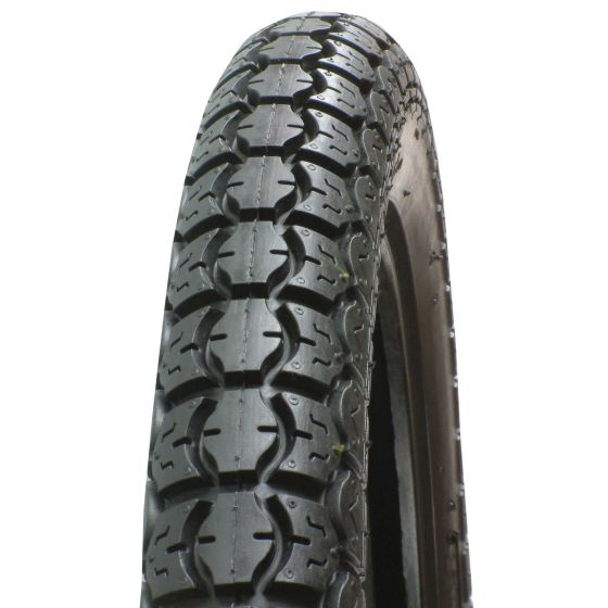 Black rubber motorcycle tyre with a tread pattern designed for grip, labeled "Cougar 876 Tyre - 275-18" by Bike-It, showcasing a sturdy construction.