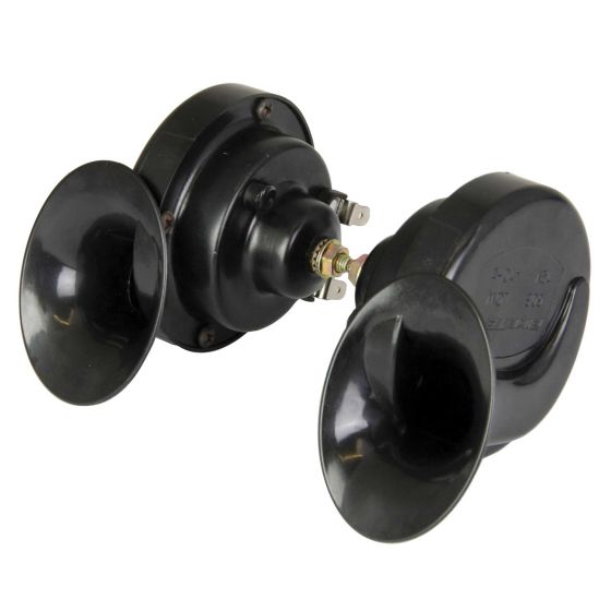 Black twin pack of 12V snail horns featuring two distinct trumpet-shaped horns, made of durable plastic with metal connectors for easy installation.