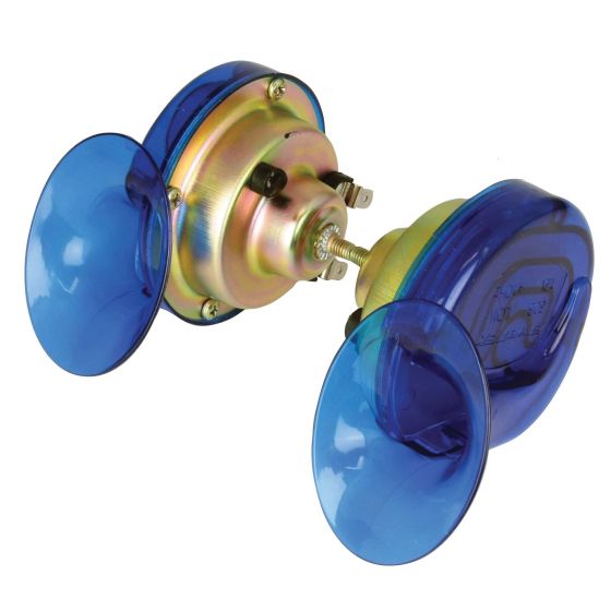 Blue 12V snail horns in a twin pack, featuring a shiny metallic base and large, translucent blue plastic bells for a vibrant look and loud sound.