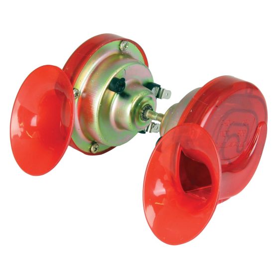 Red twin pack of 12V snail horns featuring two glossy plastic trumpet-style horns mounted on a metallic base, designed for bikes.