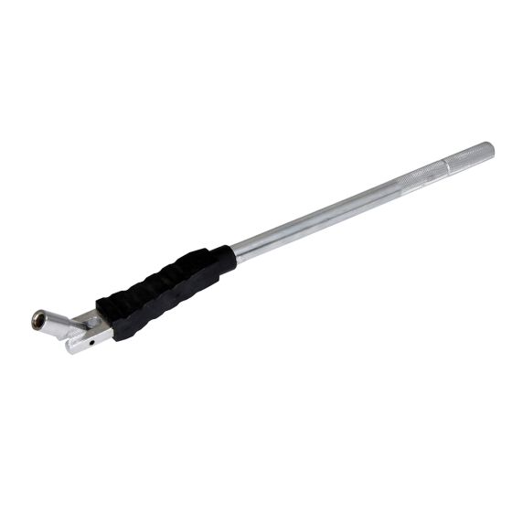 Steel tyre valve puller with a rubber grip, featuring a long handle and a curved end for easy valve access, designed for efficient tire maintenance.