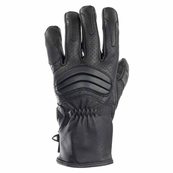 Black leather motorcycle gloves featuring a textured palm, padded knuckles, and perforated details for breathability, designed for comfort and grip.