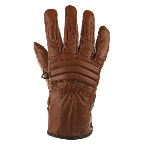 Brown leather motorcycle gloves with a textured palm, padded knuckles, and perforated detailing for breathability, designed for comfort and grip.