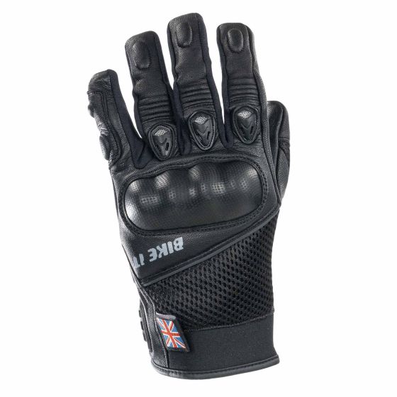 Black motorcycle gloves featuring a textured palm, knuckle protection, and breathable mesh material, with a British flag emblem and "Bike It" branding on the wrist.