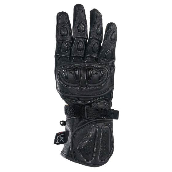 Black leather motorcycle gloves featuring padded knuckles, textured grip, and a secure wrist strap for enhanced protection and comfort.