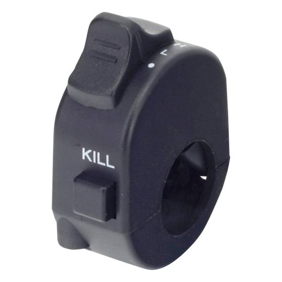 Black plastic universal kill switch with a prominent "KILL" label, a toggle for hi/lo beam settings, and a circular mounting hole for easy installation on bikes.