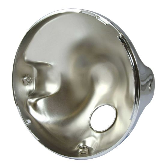Shiny chrome headlight casing with a smooth, reflective surface, featuring a circular design and mounting holes for installation.