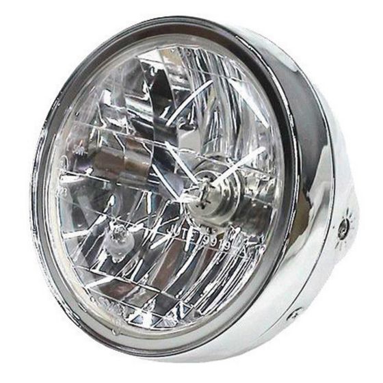 Round chrome headlight with a clear glass lens, featuring a 35/35W HS1 bulb, designed for universal fitment on bikes, showcasing intricate internal wiring and reflective surfaces.