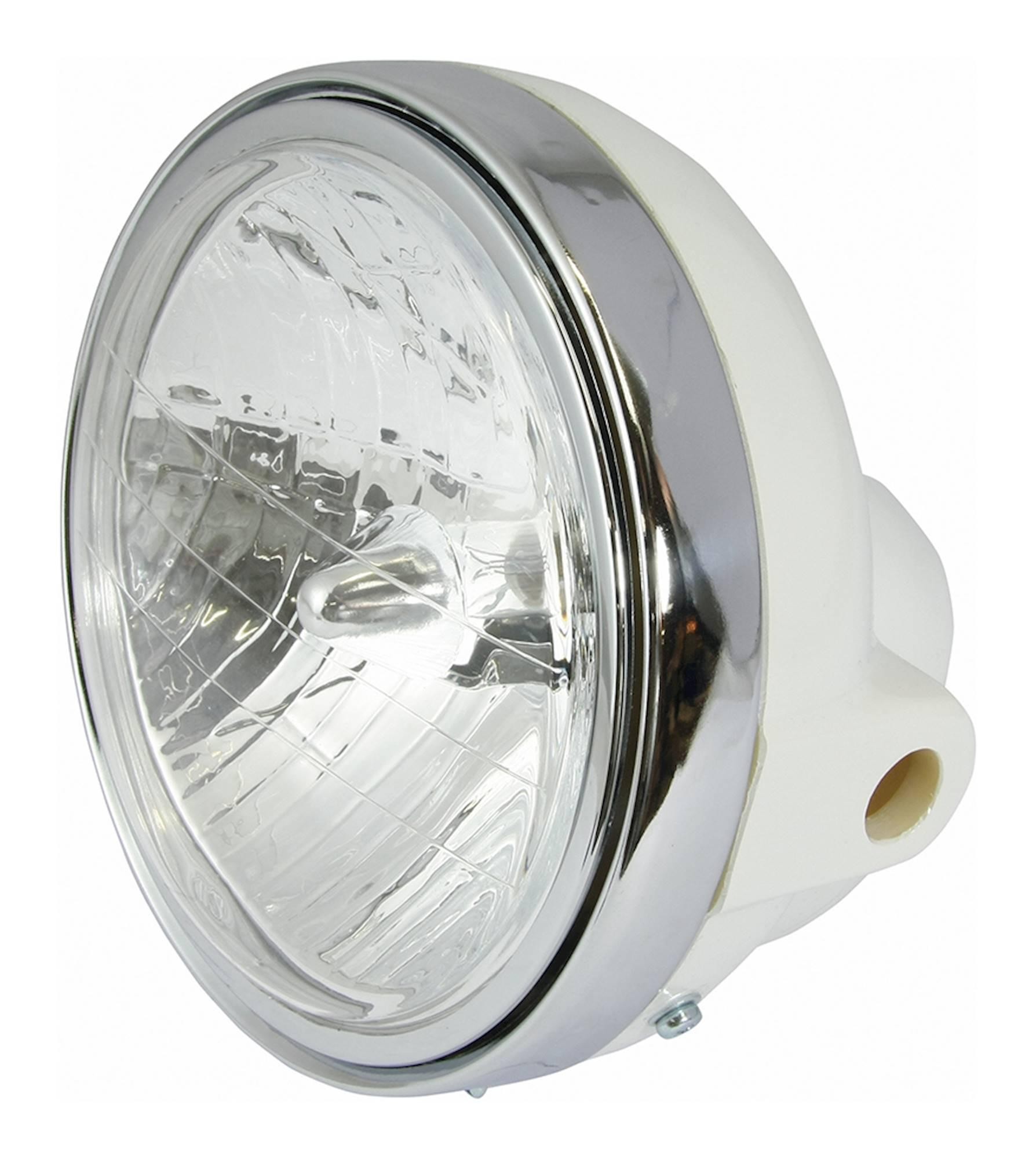 Round 12V 35W headlight featuring a diamond eye lens, white plastic housing, and a chrome trim, designed for universal bike compatibility.