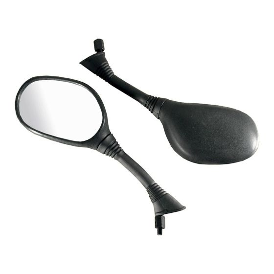 Left-hand universal 8mm scooter mirror in black plastic with a sleek, oval reflective surface and flexible arm for easy adjustment.