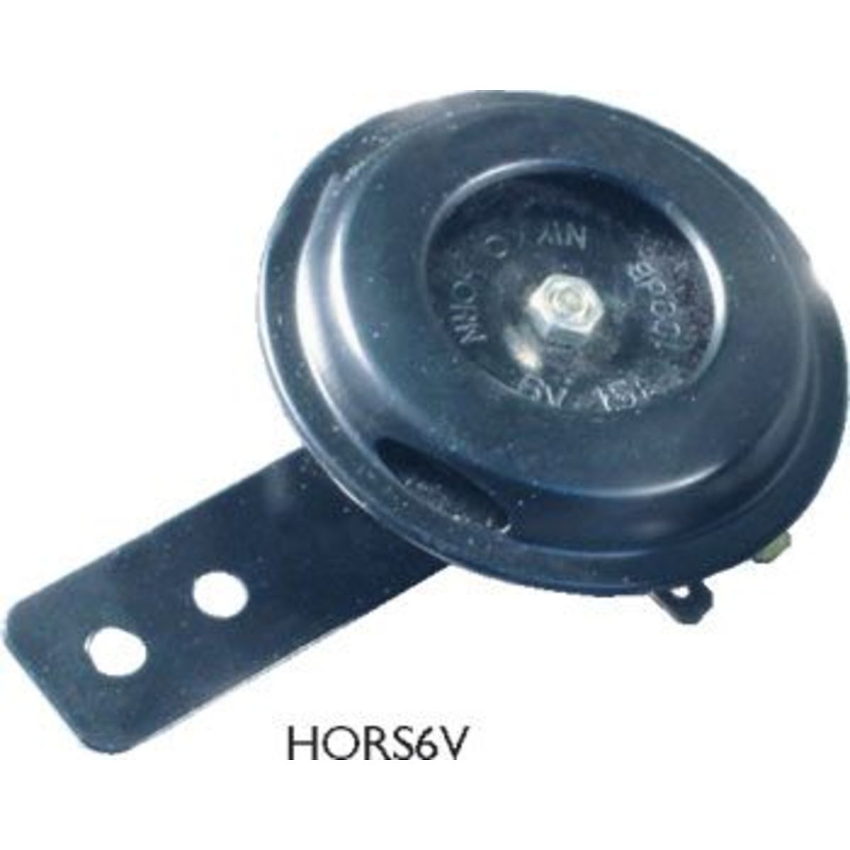 Black 6V universal bike horn with a round shape, metal mounting bracket, and a central screw for installation, designed for easy attachment to various bicycles.