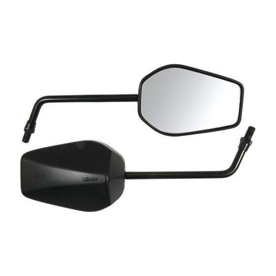 Black universal bike mirrors with 10mm threaded stems, featuring a sleek design and reflective surfaces, ideal for enhancing visibility on bicycles.
