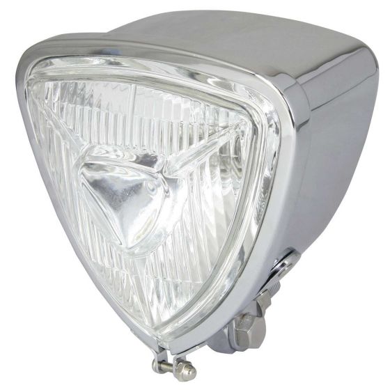 Chrome triangle-shaped headlight with a clear glass lens, featuring a central dip design, mounted with a metal bracket for 12V 35/35W use, ideal for motorcycles.