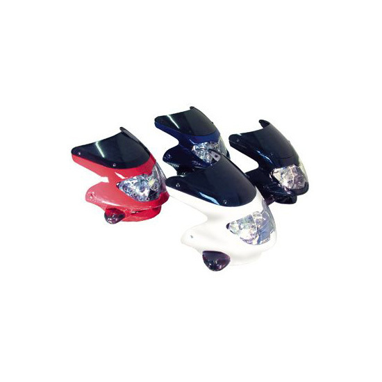 Black universal dash screen fairing headlight with a sleek design, featuring a tinted visor and integrated lights, alongside red, blue, and white color options.