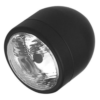 Round, matte black bike headlight with a clear glass lens, featuring a smooth, rounded design and a bottom mount for easy installation.