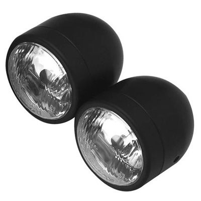 Twin round headlights in matte black finish with a sleek, rounded design, featuring clear glass lenses and a durable, lightweight body, ideal for side mounting on bikes.
