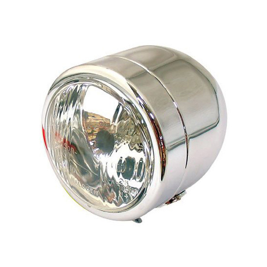 Round chrome halogen headlight with a polished finish, featuring a clear glass lens and a bottom mount design, suitable for various bikes.