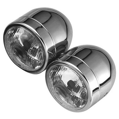 Twin round chrome headlights with a shiny finish, featuring halogen bulbs and a bottom mount design, suitable for 12V 60/55W applications.