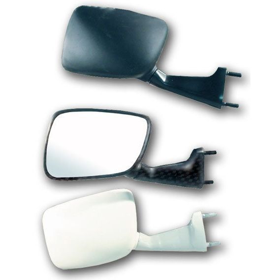 Universal fairing type mirrors in black, featuring a sleek design with a smooth surface, available in three styles with varying shapes and reflective surfaces.