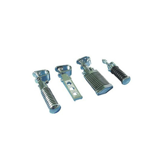 Chrome footpegs with 10 mm bolt-on fittings, featuring a mix of smooth and ribbed surfaces, designed for universal bike compatibility.
