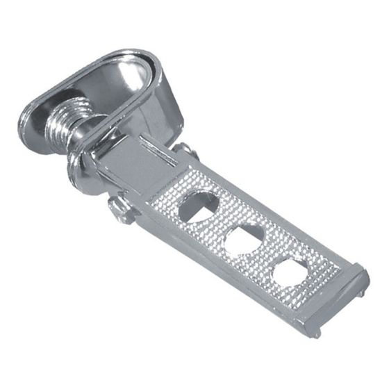 Chrome footpeg clamp with a sleek design, featuring a textured grip surface and multiple adjustment holes for custom fit on various bikes.