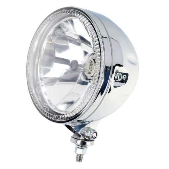 Chrome-finished 5 3/4" round headlight with a clear lens, featuring a high H4 12V 60/55W bulb and a side mount bracket for easy installation.