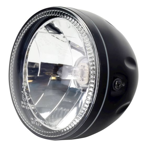Matt black, round headlight with a clear glass lens, featuring a halo ring design, H4 bulb type, and rated at 12V 60/55W for side mounting on bikes.