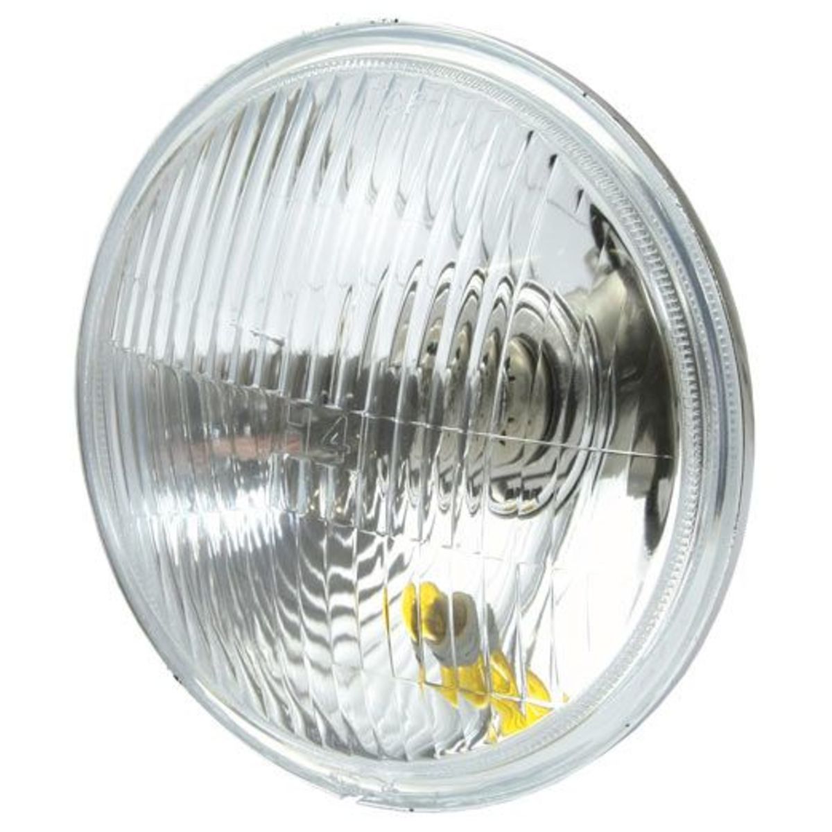 Clear glass inner headlight unit with a textured lens, designed for Bates-style 5 1/2 inch headlights, featuring a 12V 60/55W bulb and a left dip orientation.