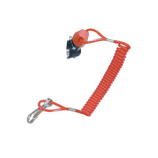 Universal kill switch with a black plastic housing, red tether, and coiled orange cord, designed to break the circuit when the tether is disconnected.