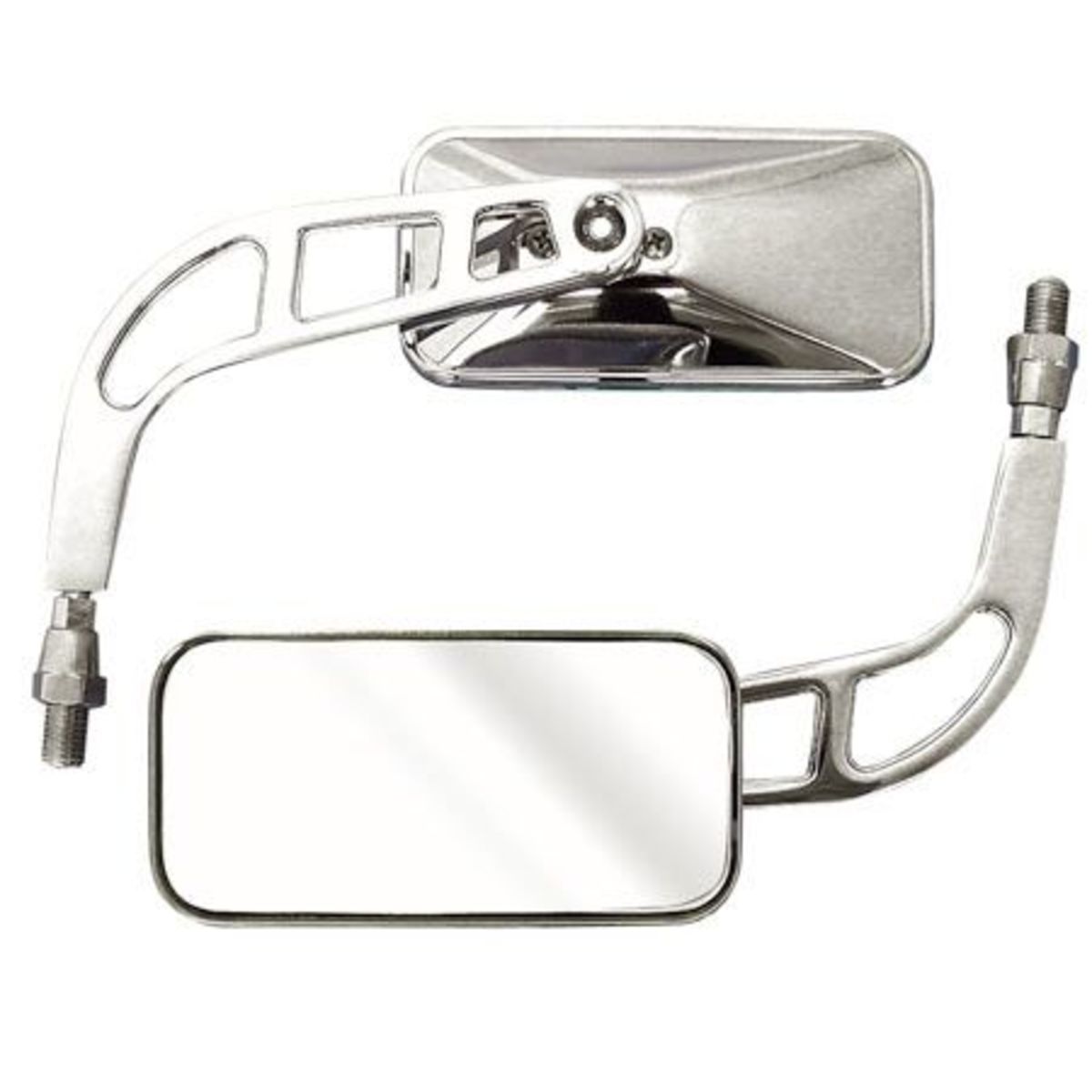 Rectangular chrome motorcycle mirrors with a sleek design, featuring a 10mm thread and an adjustable arm for optimal visibility.