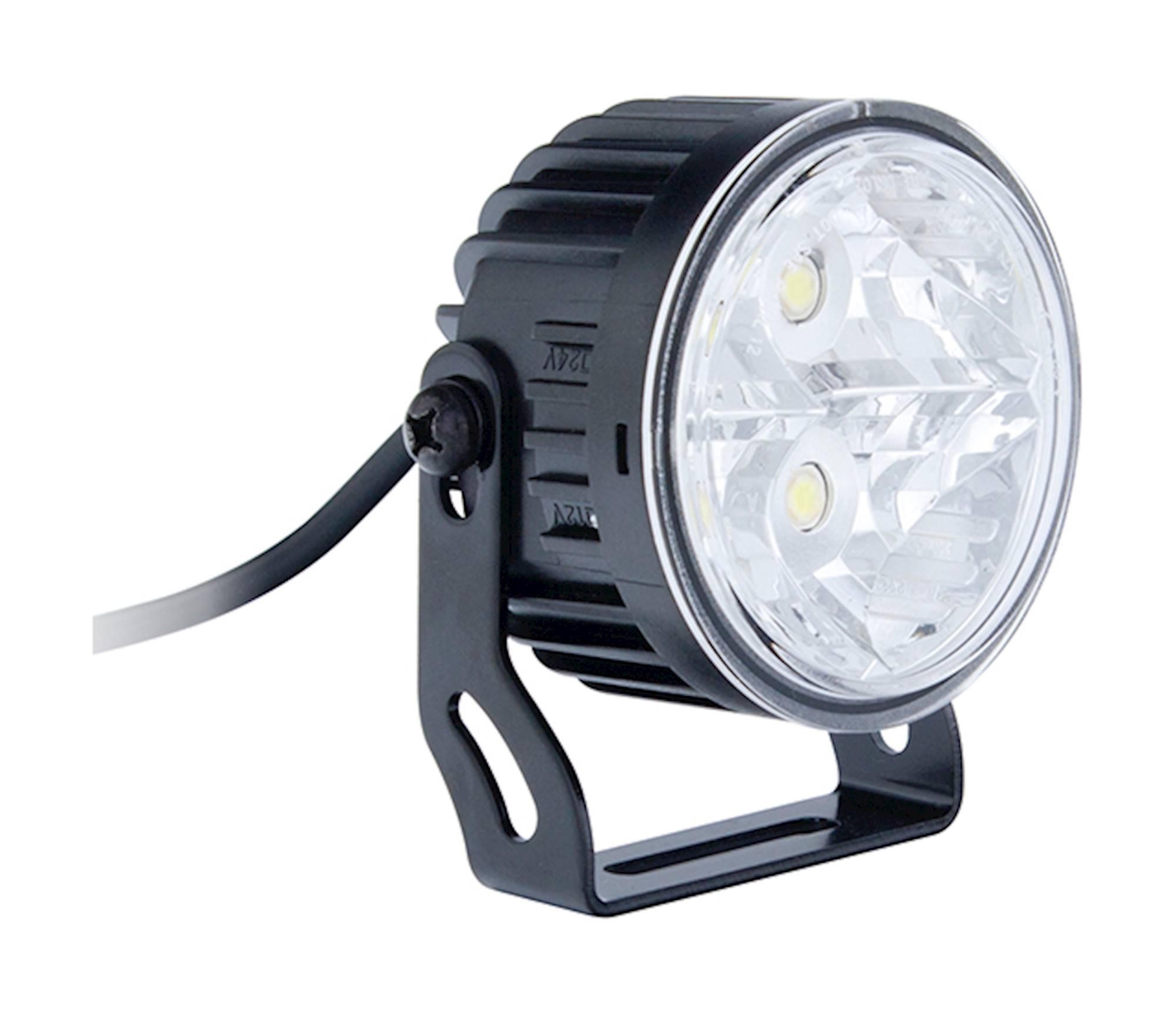 Round, black metal LED daytime running light with a clear lens, featuring two bright bulbs, mounted on a sturdy bracket, designed for 12V systems.