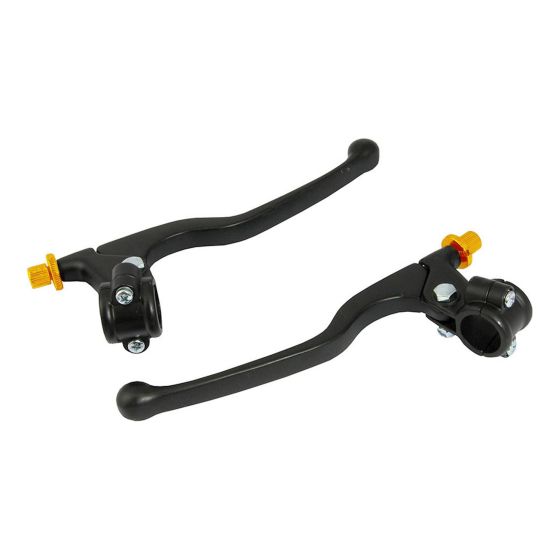 Black long lever assembly pair with ergonomic grips, featuring orange adjusters and metal mounting brackets, designed for universal bike compatibility.