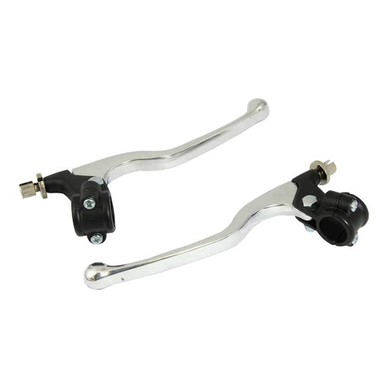 Long chrome levers with a black perch assembly set, featuring a sleek design and durable materials, suitable for universal bike applications.