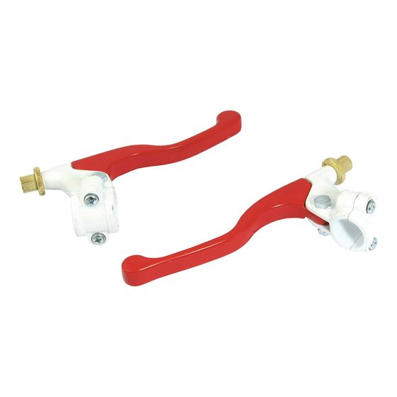 Universal short lever assembly set featuring vibrant red levers and a white perch, made of durable materials with brass fittings for easy installation on bikes.