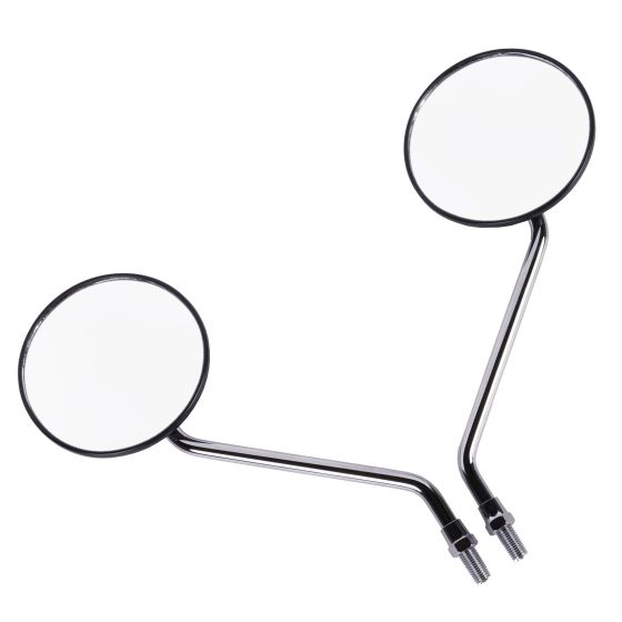 Black round mirrors with a chrome finish, featuring a 10 mm standard thread, designed for universal fitment, showcasing a sleek and modern design.