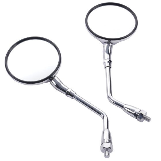 Chrome round mirrors with a 10 mm standard thread, featuring a sleek design and adjustable arms, perfect for enhancing visibility on bikes.