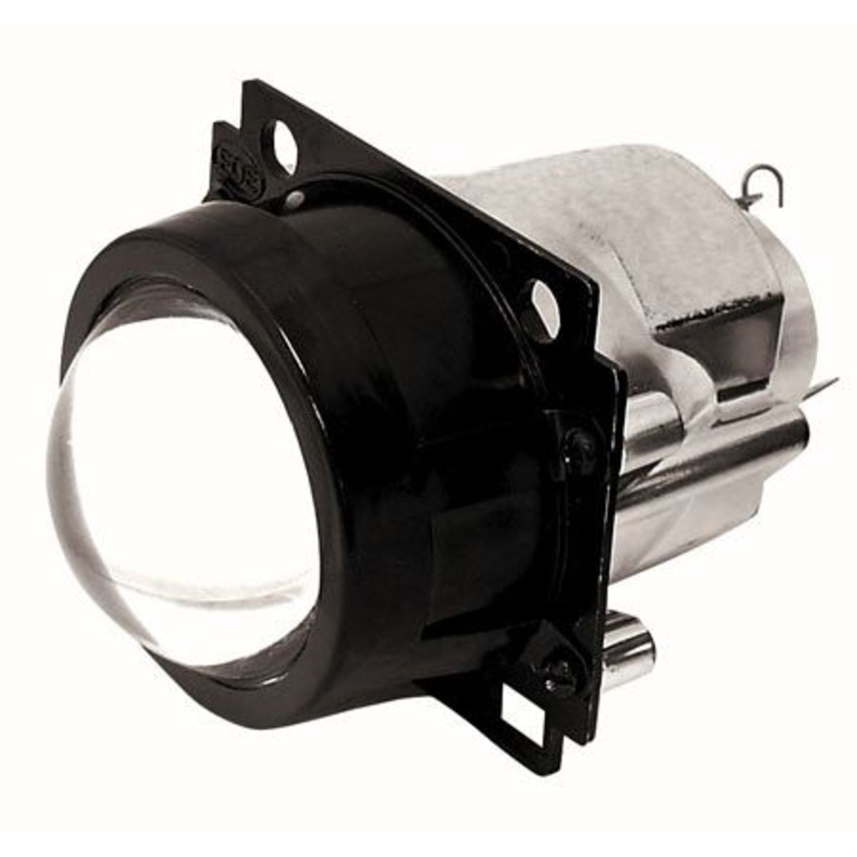 Black and silver projector headlight with a round glass lens, designed for H1 bulbs, featuring a sturdy mounting bracket and a 12V 55W power rating.