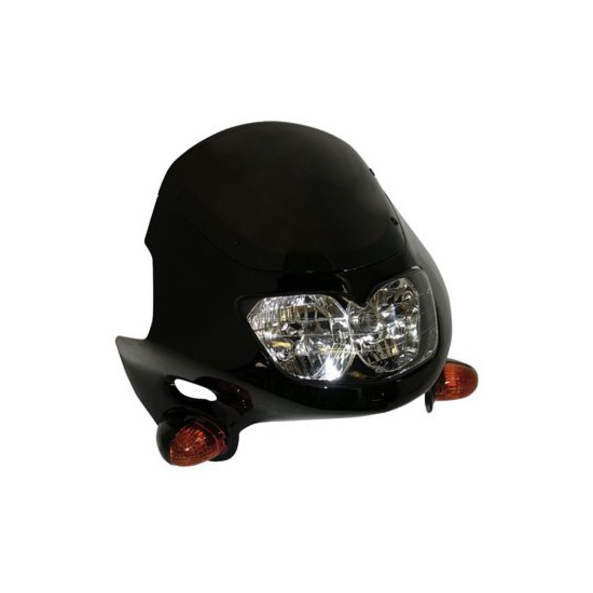 Black fairing headlight with dual clear lenses and integrated amber indicators, designed for 12V motorcycles, featuring a sleek, aerodynamic shape.