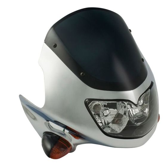 Chrome fairing headlight with integrated indicators, featuring a sleek design, a dark tinted visor, and clear lenses for optimal visibility, suitable for 12V motorcycles.